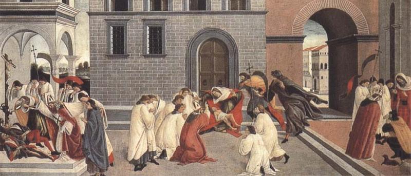 Sandro Botticelli Three Miracles of St Zanobius:driving the demon out of two youths,reviving a dead child,restoring sight to a blind man china oil painting image